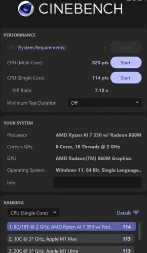 Оценка AMD Ryzen AI 7 350 Cinebench 2024 (источник изображения: Weibo)