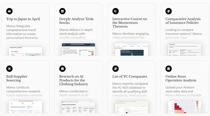 Примеры сложных запросов, на которые агент Manus AI может легко ответить. (Источник изображения: Manus AI)