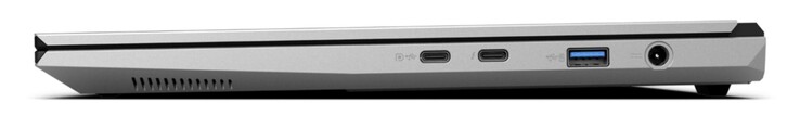 Справа: USB-C 3.2 Gen. 2 (10 Гбит/с, DisplayPort 1.4a, G-Sync-совместимый, без Power Delivery), USB-C 4.0 с Thunderbolt 4 (40 Гбит/с, DisplayPort 2.1, Power Delivery), USB-A 3.2 Gen. 2 (10 Гбит/с, с питанием), питание в