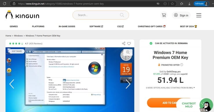 На странице Kinguin размещено объявление о продаже Win 7 Home Premium за 52 румынских лея (~$11). Источник изображения: Скриншот