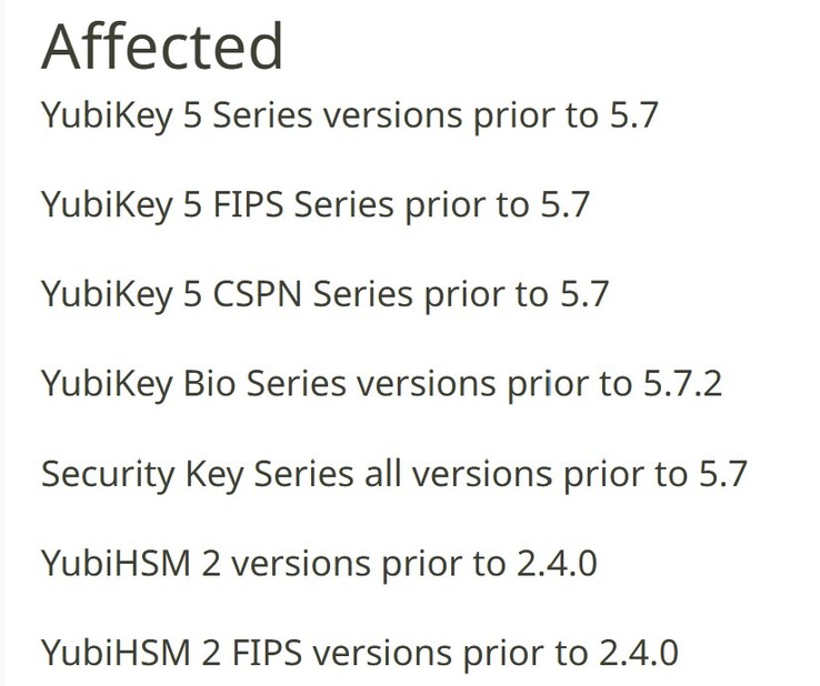 Перечисленные устройства уязвимы к эксплойту безопасности, и пользователям следует подумать об их замене. (Источник изображения: Yubico)