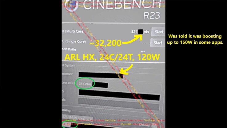 Производительность Arrow Lake HX Cinebench R23. (Источник изображения: Moore's Law Is Dead на YouTube)