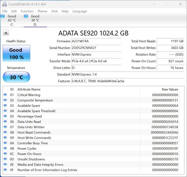 ADATA SE920 работает с интерфейсом PCIe 4.0 x4