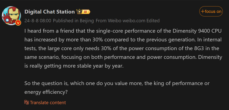 Последний отчет от Digital Chat Station на Dimensity 9400 (Источник изображения: Weibo [машинный перевод])