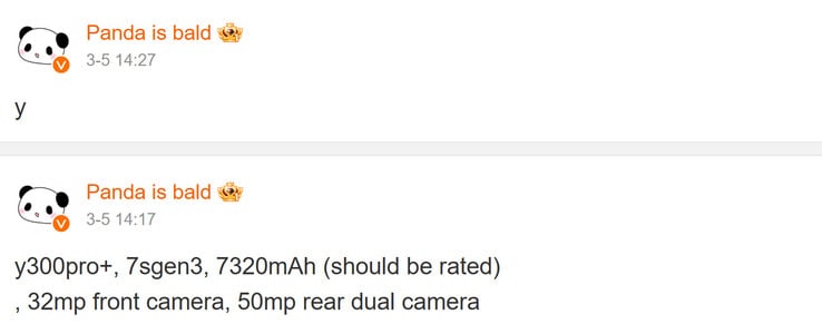 Основные характеристики Vivo Y300, которыми поделился Панда Лысый (Источник изображения: Weibo - машинный перевод)