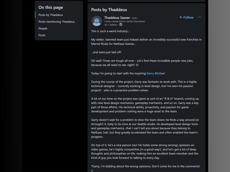 Сообщение NetEase Games Thaddeus Sasser в LinkedIn (Источник изображения: Скриншот, LinkedIn)