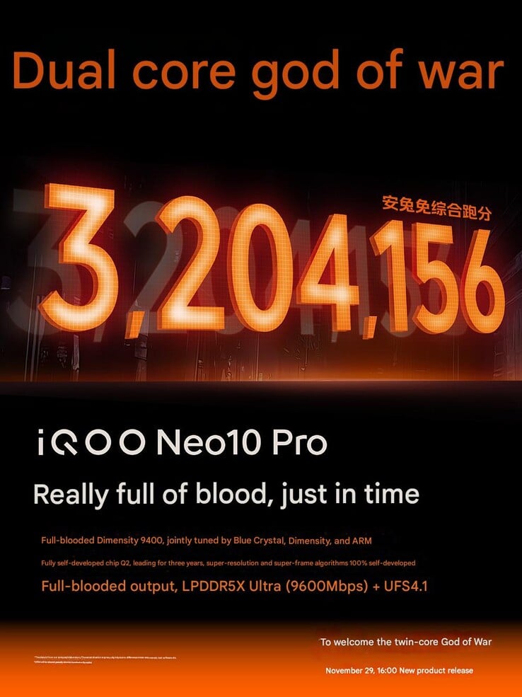 iQoo Neo 10 Pro показал рекордный результат в AnTuTu (Источник изображения: iQoo - машинный перевод)