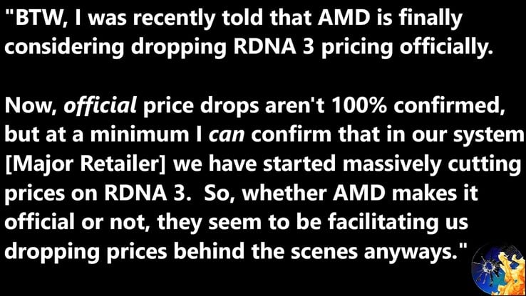 Утечка информации о снижении цены на AMD RDNA 3. (Источник изображения: Moore's Law Is Dead на YouTube)