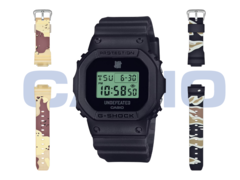 Casio x Undefeated G-Shock DWE-5600UD-1, с ремешком в пустынном камуфляже (слева) и ремешком в камуфляже лесной местности (справа). (Источник изображения: Casio)