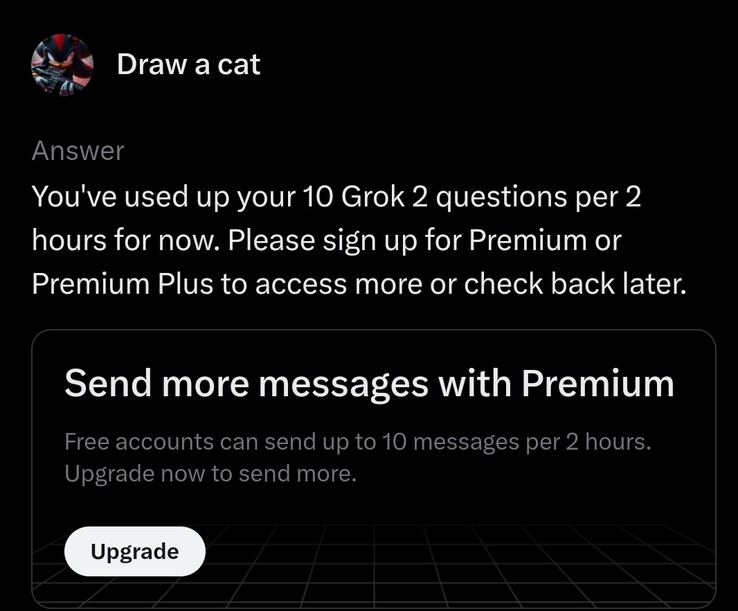 Бесплатный уровень Grok позволяет Вам задавать 10 вопросов в течение 2 часов. (Источник изображения: платформа X)