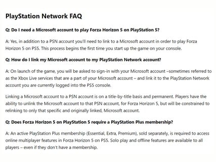 FAQ по учетной записи Forza Horizon 5 в PSN (Источник изображения: Сайт поддержки Forza Horizon 5)