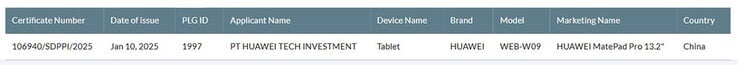 SDPPI Индонезии одобрил MatePad Pro 13.2 2025 для продажи. (Источник: SDPPI via HuaweiCentral)