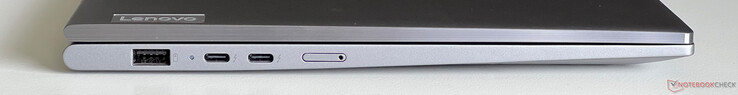Левая сторона: USB-A 3.2 Gen 1 (5 Гбит/с, постоянно включен), 2x USB-C 4.0 с Thunderbolt 4 (40 Гбит/с, DisplayPort 2.1, Power Delivery 3.0), SIM-карта Nano